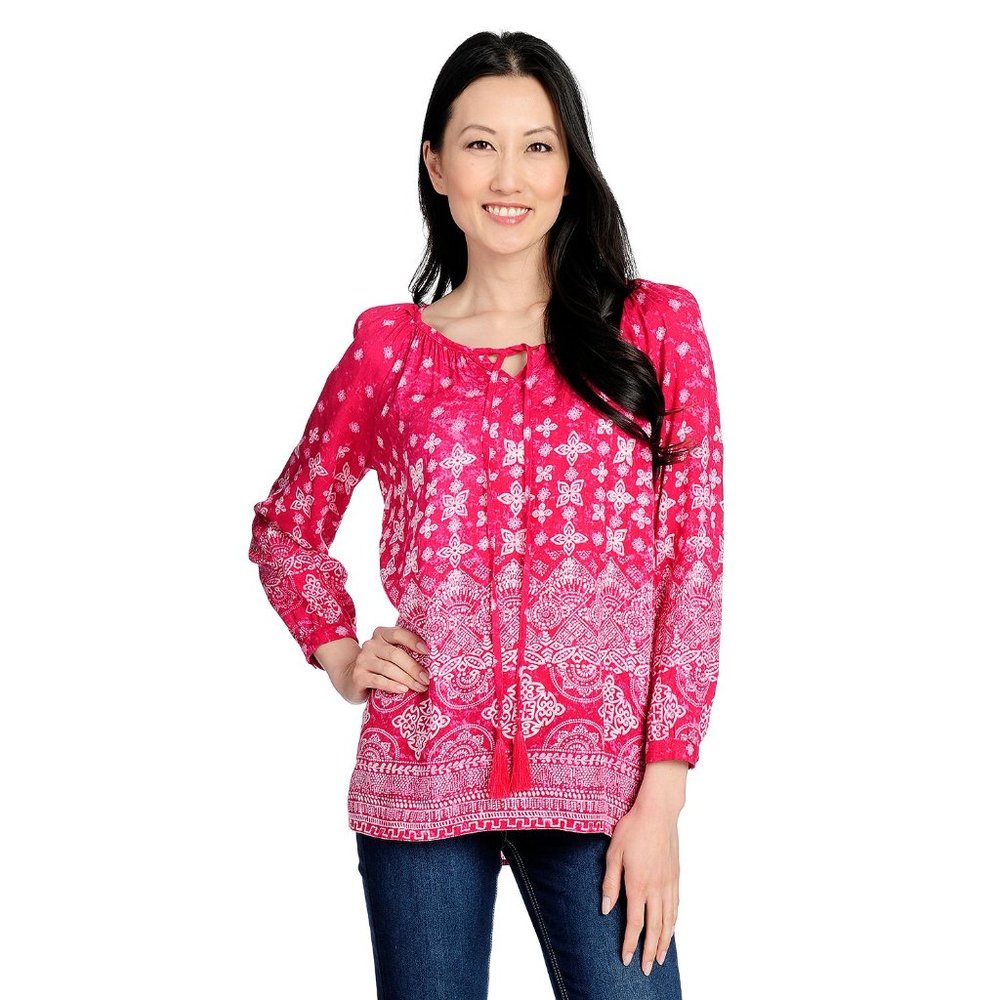 NWOT - OSO Casuals® Printed Woven Raglan Sleeve Keyhole Pink, Size M